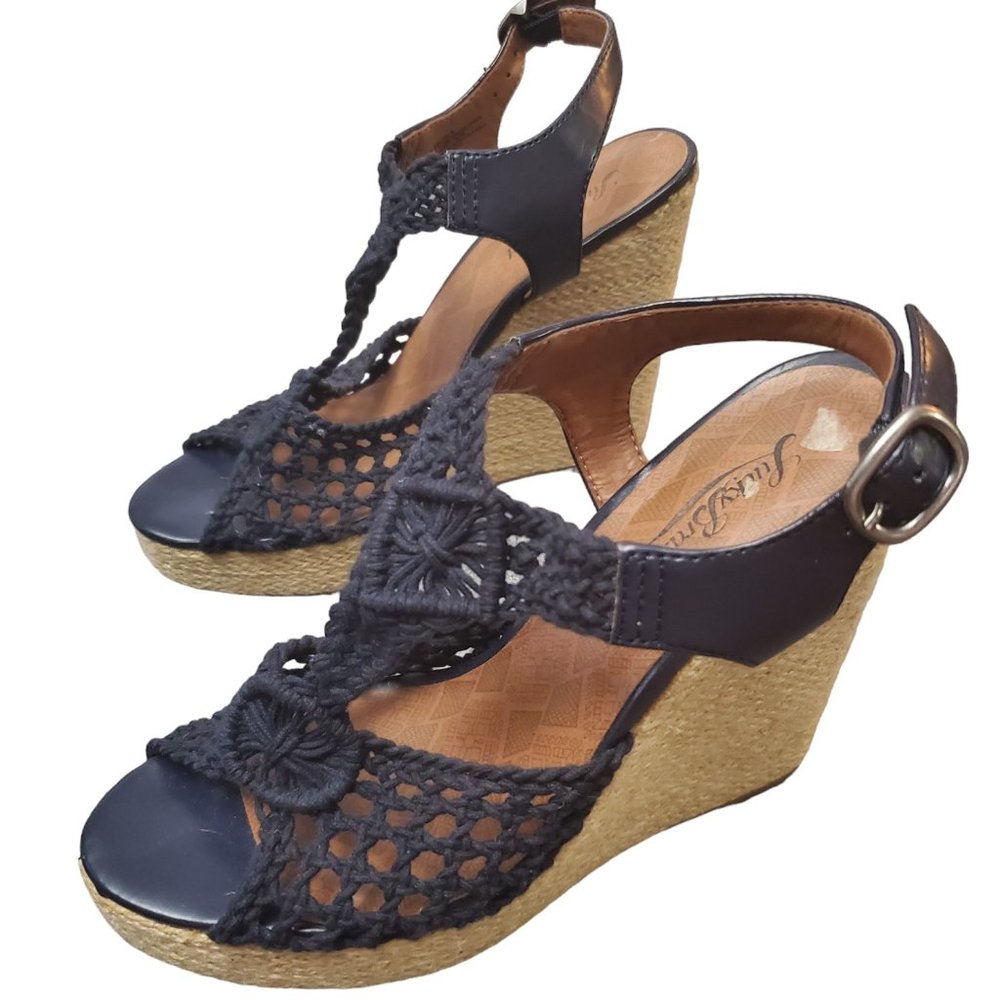 Lucky Brand Rilo Wedge Navy Blue Size 9.5 Macrame Crochet Platform Sandal Heels